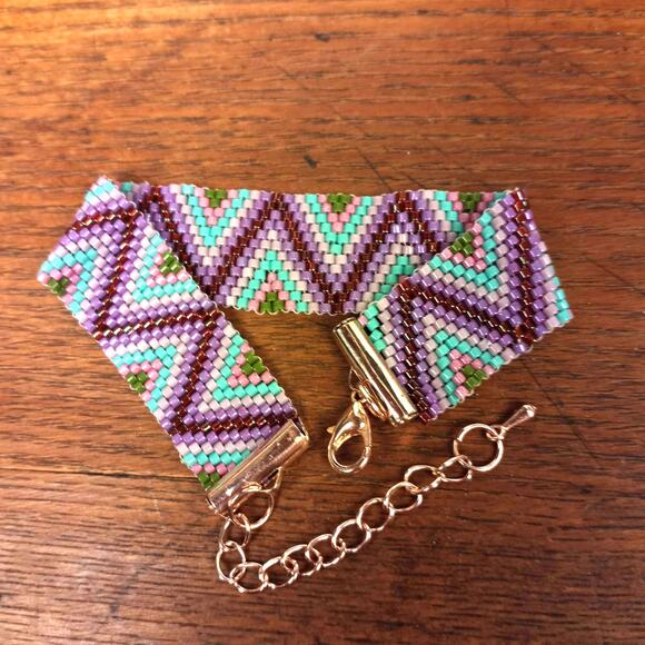 HANDMADE  Chevron Design Beaded Cuff Bracelet  Bohemian Festival Beach - Picture 3 of 6